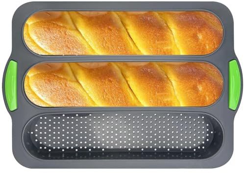 Myrindor Molde para Hornear Pan, Moldes de Silicona, Bandeja para Hornear Baguette, Molde Antiadherente con Perforada, para Baguettes, Pan Integral, Perritos Calientes, Resistente al Calor