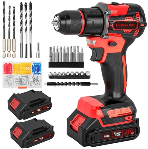 Brushless Cordless Hammer Drill Set, 21V Impact Drill Driver and Screwdriver Set with 2 Batteries, 25+3, 10mm Heave Duty DrillChuck, 2 Speed Power Combi Battery Drill Set with 87 Accessories for DIY