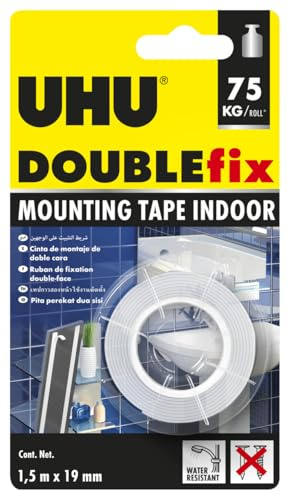 Uhu 46855, Nastro biadesivo extra resistente, fino a 75 kg, 1,5 m x 19 mm,