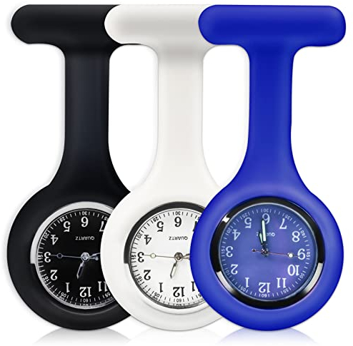 SibyTech Schwesternuhr Ansteckuhr Fob Uhr,Silikon Pin/Clip,Glow Pointer im Dunkeln,Infektionskontrolle Design,Analog-digital,Quarzwerk,Arzt Sanitäter medizinische Brosche Schwarz Weiß und Blau