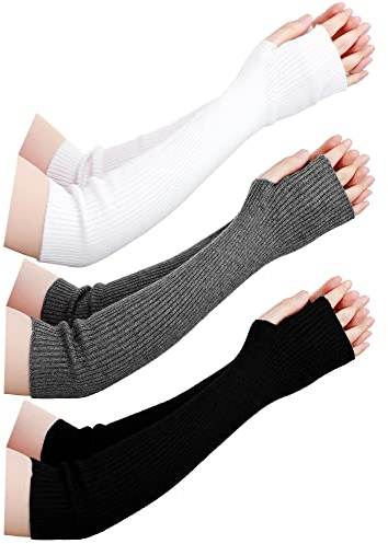 Eurzom 3 Pairs Wool Blended Arm Warmers for Women Long Fingerless Gloves Knit Wrist Warmers with Thumb Hole Soft Winter Gifts(Black, White, Grey)