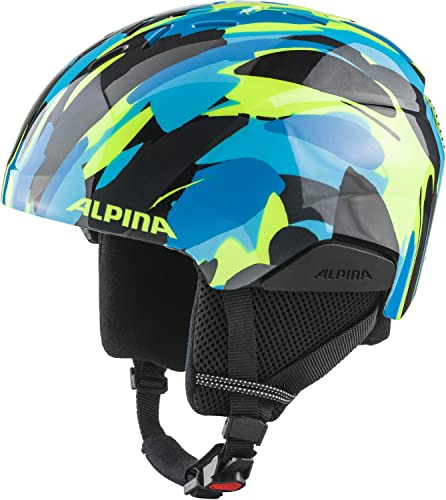 ALPINA PIZI - Leichter, bruchfester & individuell anpassbarer Skihelm für Kinder, mit abnehmbaren Ohrenpolstern - neon-Blue Green Gloss - S (46-51 cm)