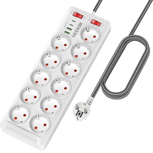 HEEKIM Regleta Enchufes USB, Regleta 4000W 16A con 11 Toma de Corriente y 2 USB-A y 2 USB-C Puertos, 2 Interruptores, Enchufe Multiple Cable de Extensión 2M para Hogar, Oficina, Escuela - Blanco