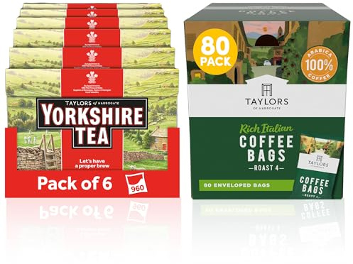 Yorkshire Tea Bundle (Total of 960 Tea Bags) + Taylors of Harrogate Rich Italian Ground Coffee Bags (80 Enveloped Bags) – Perfect for the Office