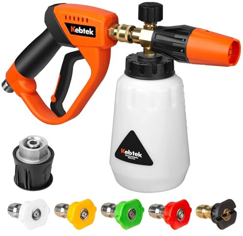 Kebtek Pistolet Nettoyeur Haute Pression avec Canon à Mousse 1L et 5 Embouts de Buses 1/4 pour Lavage Voiture Auto, Adaptateur Compatible Karcher K2-K7 (MRP-001-B)