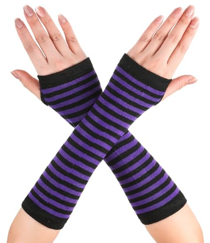 Geyoga Arm Warmers Fingerless Gloves for Women Long Fingerless Gloves Knit Stretchy Thumbhole Striped Gloves (Purple and Black