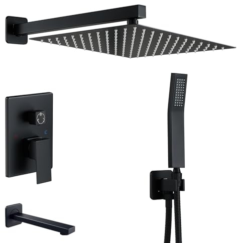 KINKIBOS Système de douche encastré à montage mural, système de douche noir à 3 fonctions avec pommeau de douche haute pression de 30,5 cm, douchette à main et bec de baignoire, ensemble mitigeur de