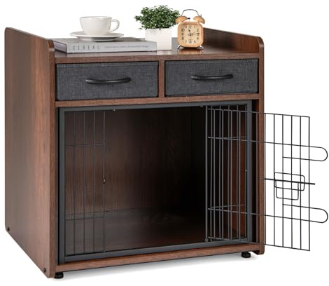 COSTWAY Gabbia per Cani, Cuccia con 2 Cassetti in Tessuto e Porta Bloccabile, per Cani Piccoli e Medi, 62 x 49,5 x 63 cm, Marrone