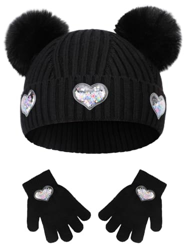 QKURT Kids Hat and Gloves Set, Girls Winter Warm Beanie Knitted Magic Gloves Heart Mitten Bobble Hat for Children 2-5 Years Old (Black)