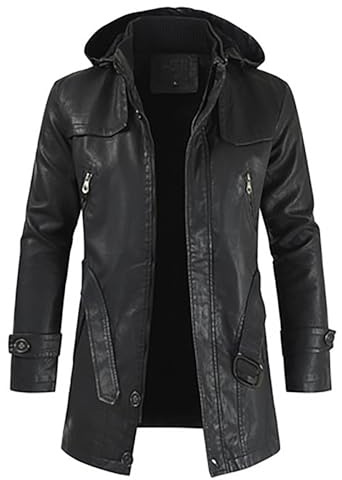 Giacca in pelle da uomo lunga, cappotto 3/4 con cappuccio staccabile parka giacca lunga nera trench cappotto da uomo nero safari con cappuccio antivento caldo invernale trench cappotto tasche, Nero