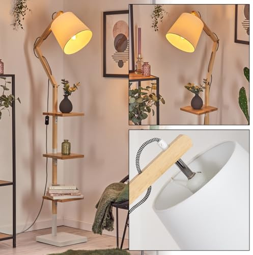 HOFSTEIN Golvlampa, tukkör, golvlampa av trä/metall/tyg i natur/vit, justerbar lampa i bohodesign med hyllor och strömbrytare, 152,5 cm, E27, vardagsrum, sovrum, matsal
