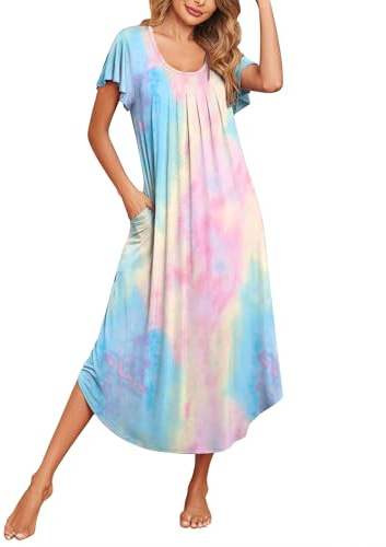Ekouaer Long Nightgowns for Women with Pockets Short Sleeves Moo Moos for Women Casual House Dresses Pink Tie-dye 3XL