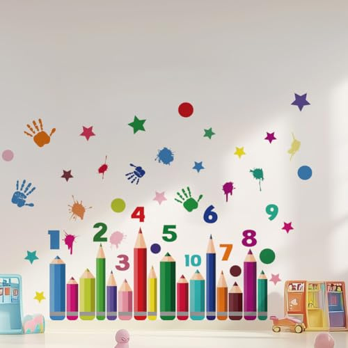 SUPERDANT Colorful Pencil Wall Stickers Numbers Wall Decals Nursery Large Wall Art Handprints DIY Vinyl Murals Peel and Stick Wall Decoration for Kids Room Playroom Classrooms 3 Sheets/Set
