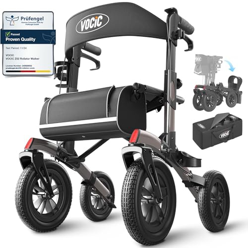 VOCIC All Terrain Rollator Walker, Foldable Outdoor Rollator with Seat Mobility Walker for Senior, Carry Bag, Brakes, 30cm/ 12'' Wheel Rubber Large Tyre, Suitable Travel, 5 Year Support