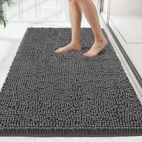 HOMEK Chenille Badematte, 60 x 120 cm saugfähiger & Rutschfester Badezimmerteppich für Badezimmer, weicher Badteppich aus Chenille, waschbarer Duschvorleger für Dusche, Badewannen und WC-Deko