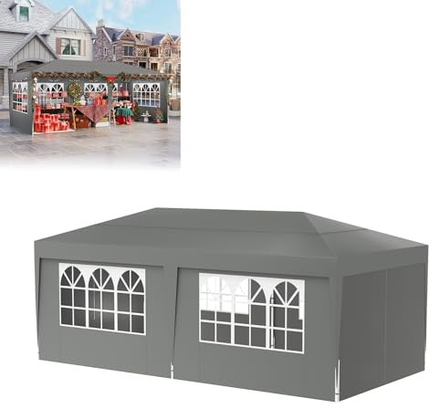 LZQ paviljong 3 x 6 hopfällbar paviljong med 6 sidoväggar, vattentätt vikält, utomhuspaviljong med UV-skydd, justerbar höjd, inklusive förvaringsväska och golvtillbehör, silvergrå