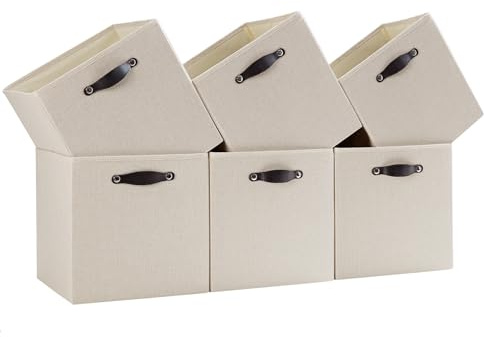 FABINADO Storage Cube | 260g/㎡ Ultra-Fine Linen Cubby Box for Shelf, Bookshelf, Closet, Wardrobe | 28cm Square Drawer Insert Basket | 6 Pack, Candlelit Beige, 26.5x26.5x28cm