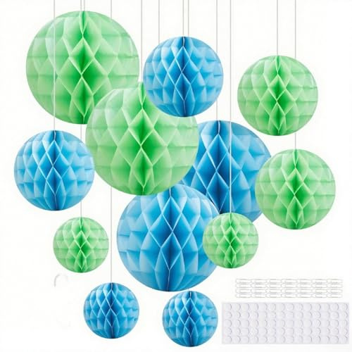 Hexizexi 12 Pcs Paper Honeycomb Balls Blue Hanging Honeycomb Decor Green | 15cm 20cm 25cm Paper Decorations for Birthday Wedding Graduation Party Baby Shower Festival Celebration Decorations