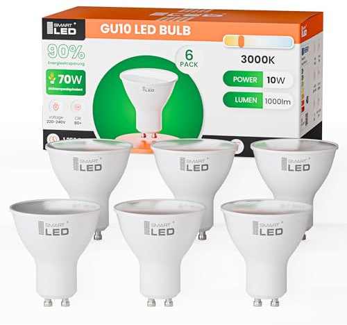 SmartLED Gu10 LED Warmweiß CRI>80, 10W 1000Lm, 3000K Warme Lichtfarbe, 60W Halogenlampen Ersetzt, 120 Grad Abstrahlwinkel, GU10 LED Reflektorlampe, Nicht-Dimmbar, 6 Stück (6, Warme Lichtfarbe)
