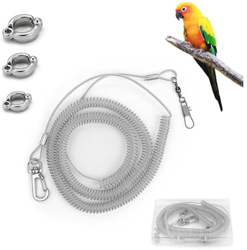LuckyOpt Parrot Flying Leash, 16.4 ft Training Rope with 3 Size Bird Foot Ring, Anti-Bite Elastic String for Cockatiels, Birds, Pigeon (Clear)