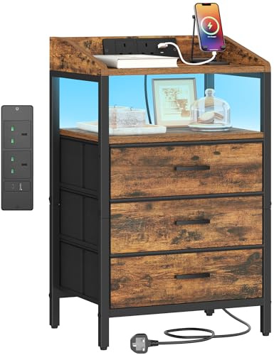 Hzuaneri Bedside Table, Charging Station & LED Light, Rustic Brown | Bedside Cabinet with 3 Fabric Storage Drawers and Shelves, Nightstand with USB Ports & TypeC for Bedroom, NS36301BUK