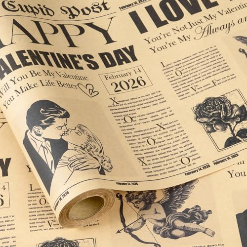 RUSPEPA Rotolo Di Carta Da Regalo Vintage Per San Valentino - Mini Rotolo The Cupid Post Con Titolo Retrò A Tema Amore E Rose, Carta Da Regalo Romantica Per Coppie, Anniversari, 43,2 Cm X 5 M