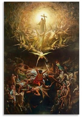 Stampa d'arte murale religiosa - Il Trionfo del Cristianesimo sul Paganesimo (1868) di Gustave Doré - Pittura romantica con figure angeliche e simboli pagani, tela decorativa per soggiorno e camera da