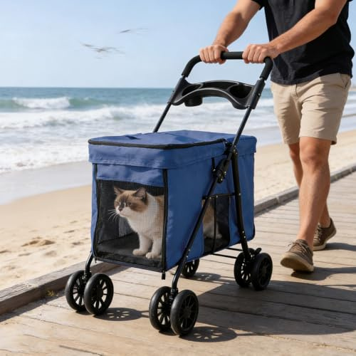 3-en-1 Poussette pour Chien Chat avec Panier de Rangement,4 Roues,Poussette Pliable pour Chien,Léger et Pratique Amovible, jusqu'à 35 kg,(C) 95 x 75 x 49 cm – Bleu