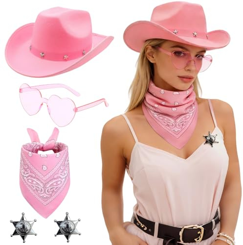 AYNKH 5 st rosa cowboyhatt-set, cowboyhatt för kvinnor, rosa hatt, bandana, emblem och solglasögon för karneval, westerntemafester, kostymlek, musikfestivaler och möhippakvällar