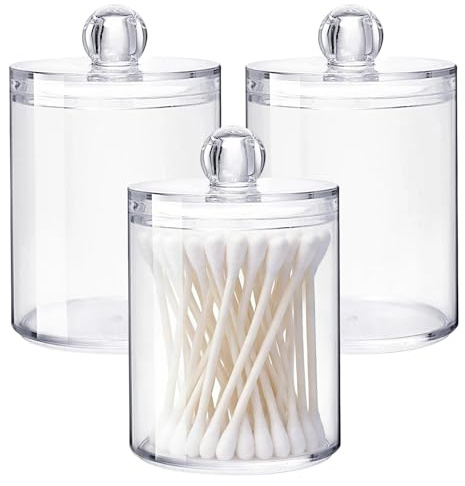 YANKOIUK 3 Pack Cotton Bud Holder, Clear Plastic Storage Jars with Lids | For Swabs, Cotton Balls & Pads, Keeps Items Clean & Dust-Free, Ideal for Vanity, Bathroom, Counter & Travel Organizer