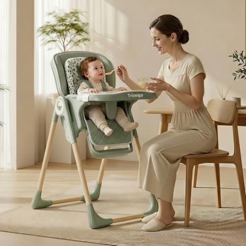 Trimigo Chaise Haute Bébé Évolutive 0-3 Ans, Pliable, 7 Positions Hauteur, 3 Réglages Plateau, Dossier Inclinable 4 Positions, Plateau double couche amovible, Assise en Similicuir (Vert sauge)