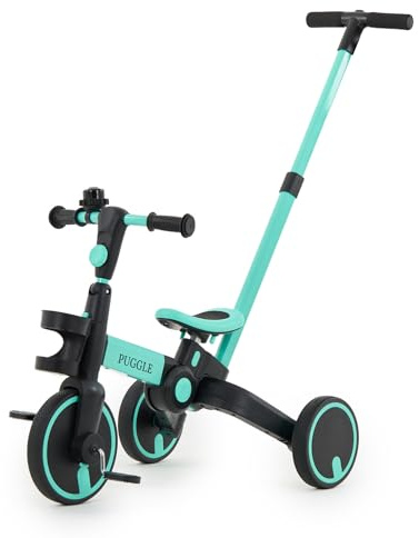 Puggle 3-in-1 Folding Trike & Balance Bike with Parent Handle - Aqua (18 Months - 5 Years)