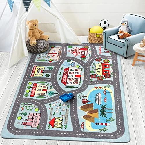 LIVEBOX Soft Kids Rug 4'x6' Carpet Play Mat for Baby Boys Girls, City Life Road Traffic Playroom Rug for Playing Cars Toys, Educational Nursery Rugs for Children Bedroom Kids Room
