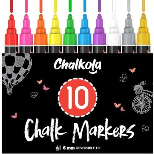 Chalkola Liquid Chalk Markers Erasable (10 Pack) w/Gold & Silver - Washable Paint Chalk Pens for Chalkboard Signs, Blackboard, Car Window, Bistro, Glass, Board - Neon Wet Wipe 6mm Reversible Bold Tip