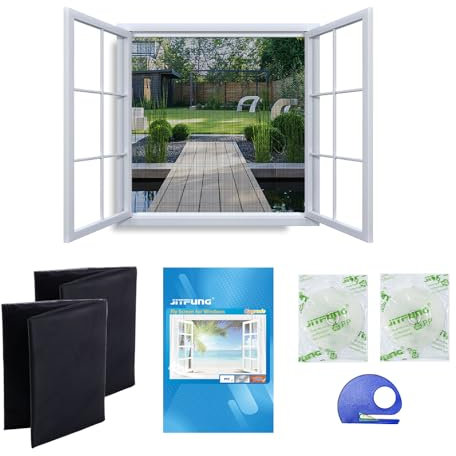 JIT-FUNG DIY Fly Screen for Windows, 2 Packs of Mosquito Net Insect Mesh 130x155CM with 2 Rolls [UPGARDE] Self-Adhesive Tapes & Cutter, Black (Square, Set of 2)