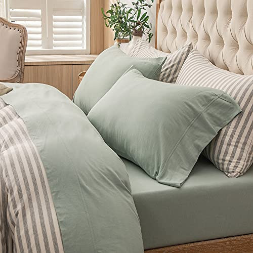 PURE ERA - Set di lenzuola in jersey 100% cotone, super morbido, comodo e traspirante, per materassi fino a 50,8 cm con tasca extra profonda (verde salvia solida, regina)