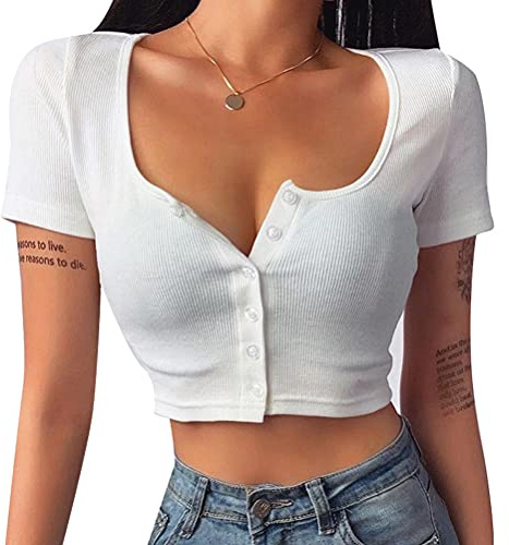 Minetom Femmes Filles Sexy Court Tops Blouse Stretch Manche Court Boutons Slim Crop T-Shirt Été Mode Chic Haut Chemisier C Blanc M