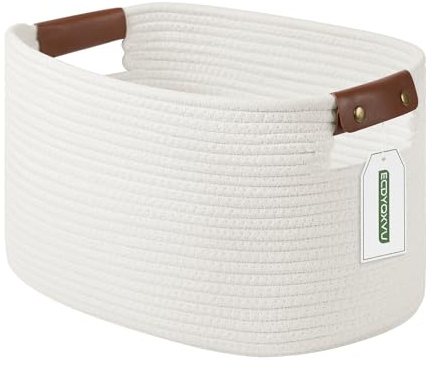 ECDYQXVU Cotton Rope Basket, Storage Baskets with Handle, 15x10x9 Inch Woven Basket for Shelves, Laundry, Towels, Clothes, Books (White 1Pack)