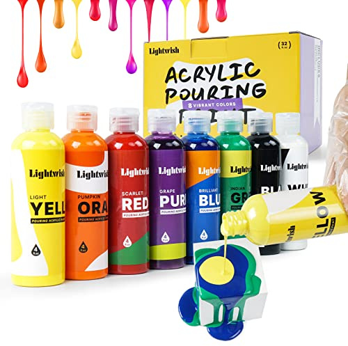 LIGHTWISH Acrylic Pouring Paint, 8 Vibrant Colours,4fl oz/118ml Bottles, Pre-Mixed High Flow Acrylic Paint Supplies for Canvas Wood Stones DIY