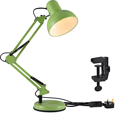 TEKLED Architect Swing Arm Desk Lamp with Base & C-Clamp, Adjustable E27 Table Light for Home Office, Green (Bulb Not Included)