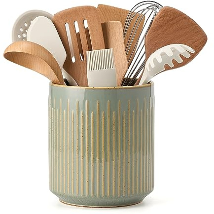 JIEMEI HOME Kitchen Utensil Holder, Ceramic Stable Utensil Crock for Countertop, 7.2 Large Utensil Organizer with Cork Mat, Removable Bamboo Divider for Kitchen Décor and Accessories, Green