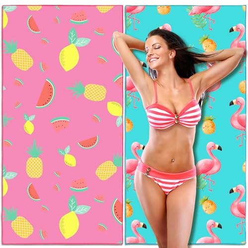 Lubibi Beach Towel, 2 Pack Oversized Microfiber Beach Towel for Adult Kids, Fruit Pattern, Lightweight Extra Large Quick Drying Sand Free Pool Towel for Swimming, Sports, Beach, Gym(80 * 160cm)