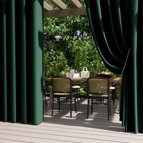 Hiseng Cortina Exterior Impermeable 2 Piezas Cortinas Opacas con Ojales Protección UV Solar Resistente al Agua Cortinas para Pergolas, Jardin, Terraza, Patio, Balcón (Verde Oscuro,70x120cm)