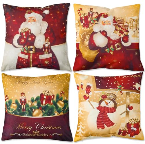 Julkuddöverdrag set med 4, rött guld julkuddfodral 45 x 45 cm, jultomte snögubbe kuddfodral, jul linne prydnadskudde fodral för Christma dekorationer vinter hem soffa juldekorationer