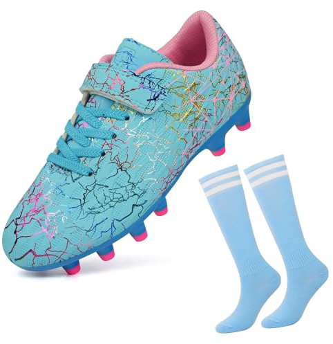 JABASIC Scarpe da Calcio F/G per Bambini e Bambine con Calzettoni da Calcio (26EU,White Pink)