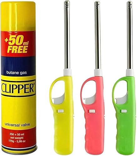 BML 3 x Candle Lighters Long Reach Adjustable Flame Safety Lock Windproof Refillable for Kitchen BBQ Candles Camping Gas Stove Outdoor Cooking with Clipper 300ml Gas Canister (Assorted Colours)