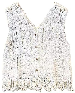 RWGSNB Suéter Crochet para Mujer Chaleco Bohemio Agujeros Cárdigan Punto Botones y Flores Sexy Cuello en V y Borlas para Fiesta Camisetas sin Mangas Verano Playa