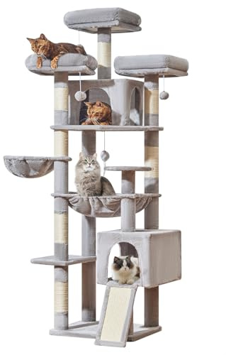 Taoqimiao Arbre À Chat XXL 193 cm, 3 Plateformes Grandes avec Coussins | Tour de Jeux pour Chats, 2 Grandes Niches, Hamac, Panier, Panneau À Griffer, 7 Griffoir Sisal, MS047W Gris Clair