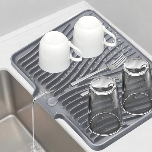 Abtropfmatte mit Ablass - 50 x 40 cm Abtropfmatte aus Silikon für Geschirr, BPA-frei, Geschirr Trockenmatte, Hitzebeständig, rutschfest, Spülmatte Abtropfunterlage