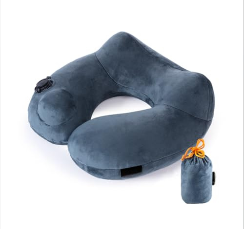 CYBERNOVA Almohada de Viaje/Almohadilla del Cuello del cojín Hinchable por Prensa de Mano, Viaje Suave Almohada Inflable para Dormir en el avión, Coche, Tren y autobús (Gris)